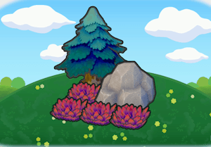 Felsen und Gras beim Spitzbaum