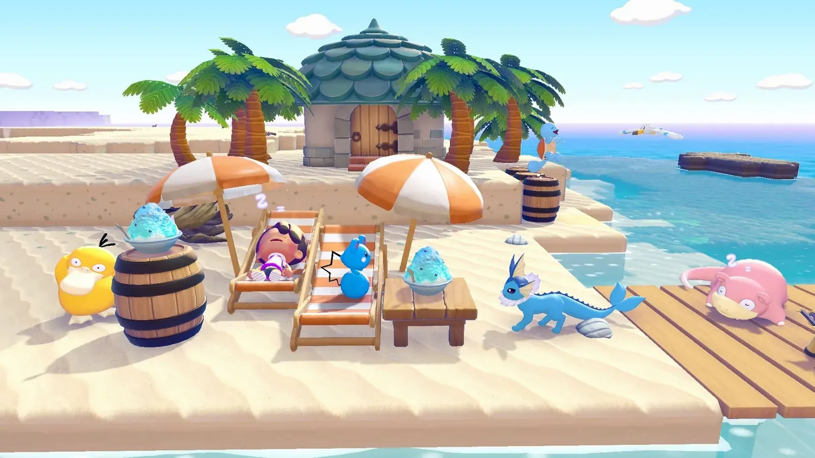 Ditto und mehrere Pokémon entspannen zwischen Strandmöbeln am Meer - offizielles Spielbild von Nintendo