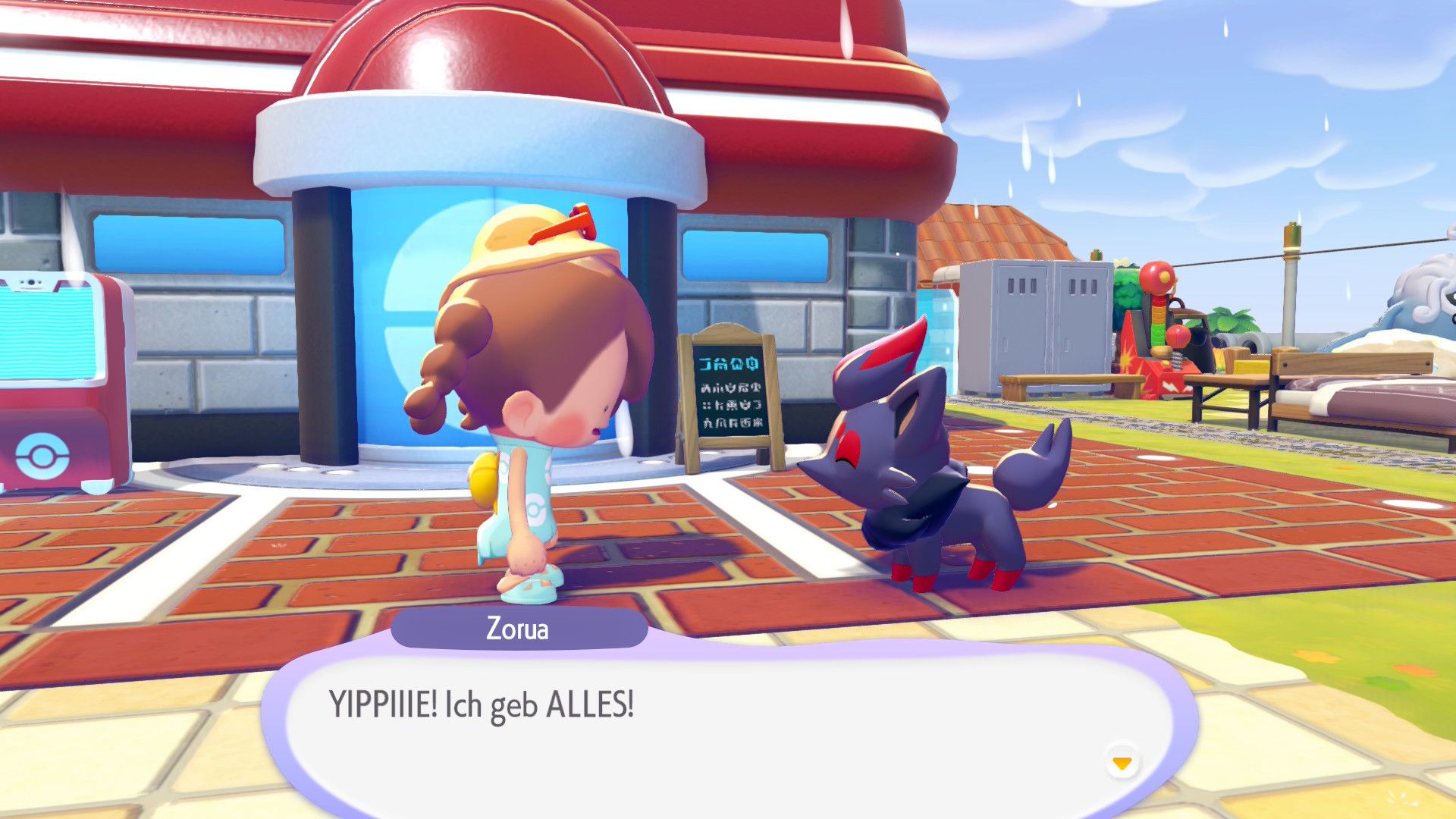 Zorua startet das Schnappspielturnier vor einem Pokémon-Center in Pokémon Pokopia